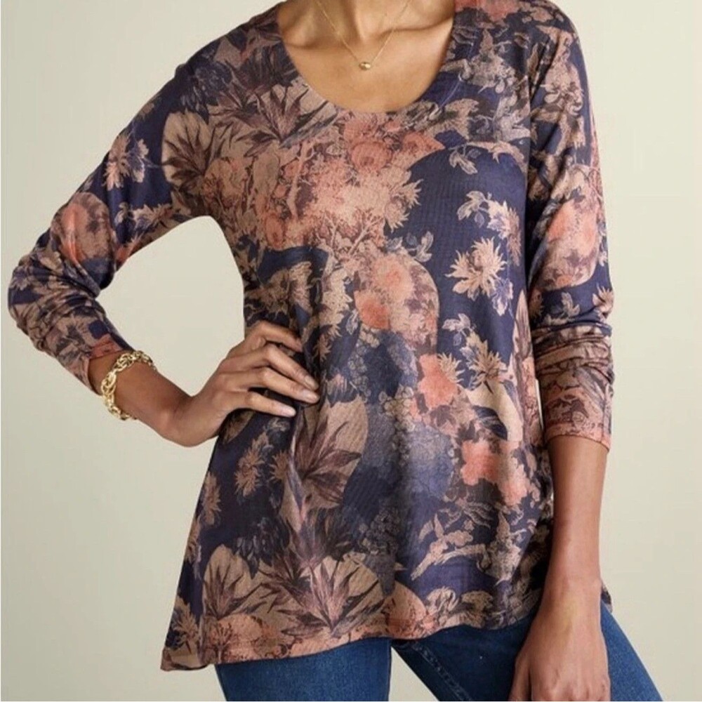 SOFT SURROUNDINGS Millie Women Floral Tunic Crane Boho Tunic Long Slv Top M ?